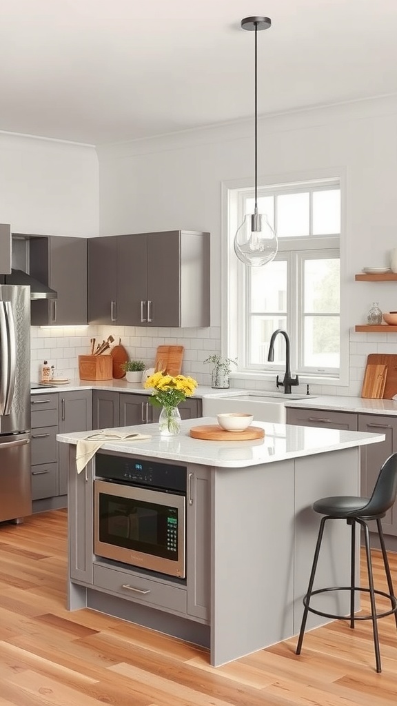 Kitchen peninsula featuring a built-in microwave, modern cabinetry, and bar stools