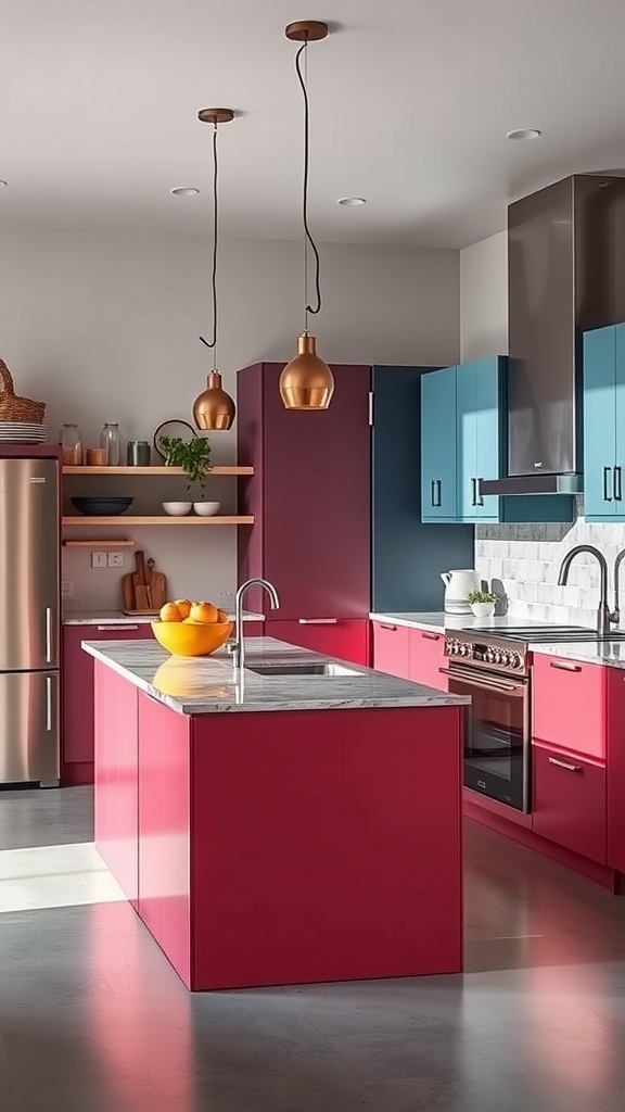 A modern kitchen peninsula with color-contrasting cabinets in pink and blue, featuring a marble countertop and stylish pendant lights.