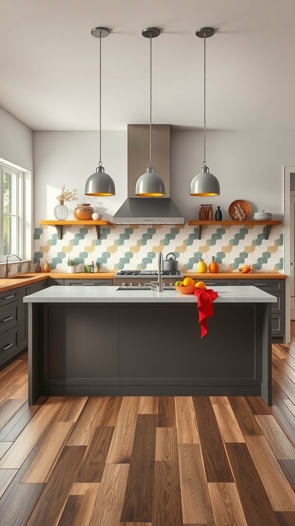 A modern kitchen peninsula featuring colorful hexagonal tiles, dark cabinetry, and pendant lighting.