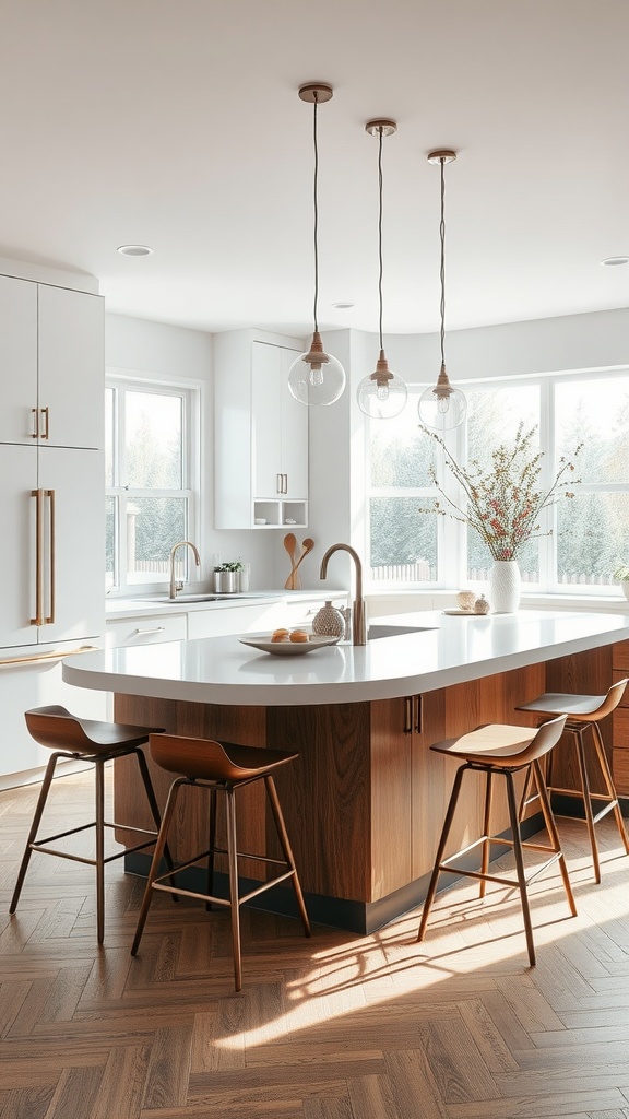 A modern kitchen with a curved peninsula featuring wood tones and white countertops, paired with stylish pendant lighting.