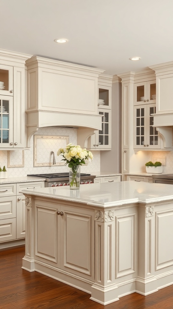 A kitchen peninsula featuring decorative molding details with a marble countertop and beige cabinetry
