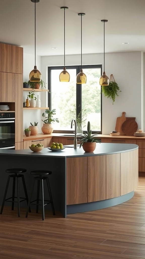 Eco-friendly kitchen peninsula with wooden cabinets, plants, and stylish lighting