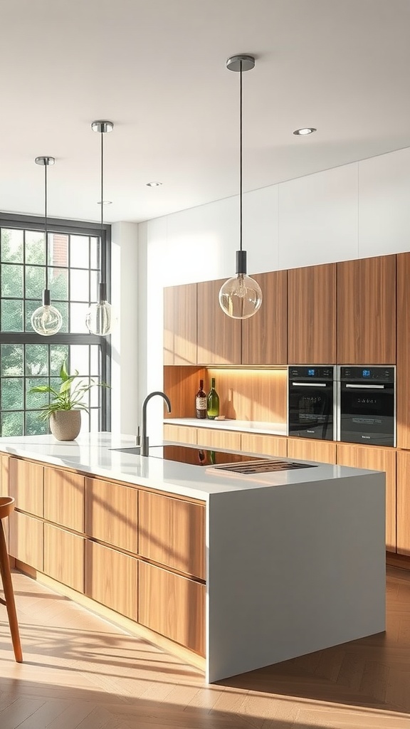 Modern kitchen with a peninsula featuring integrated appliances, wooden cabinets, and pendant lighting