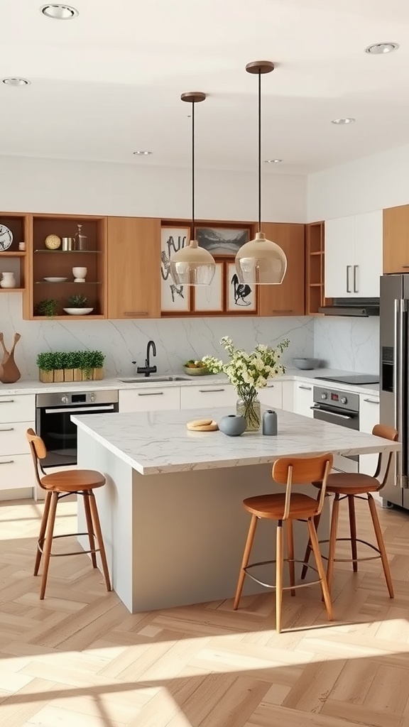 A modern kitchen featuring a peninsula with integrated seating area, marble countertop, and wooden stools.