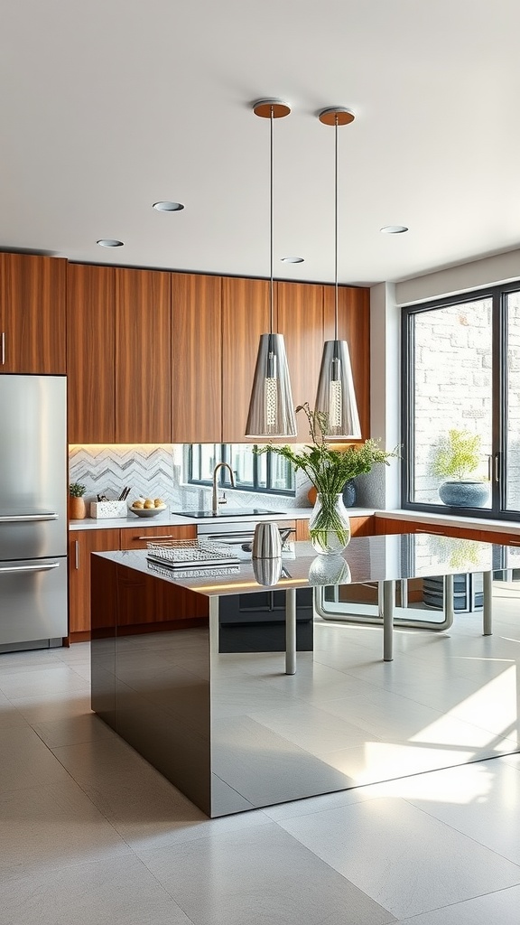 Modern kitchen with a peninsula featuring mirrored elements and wooden cabinetry