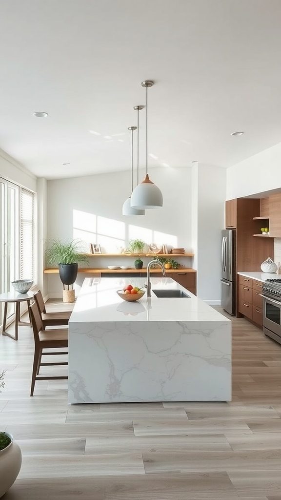 A modern kitchen peninsula in an open living space, featuring a marble countertop, wooden cabinetry, and natural light.