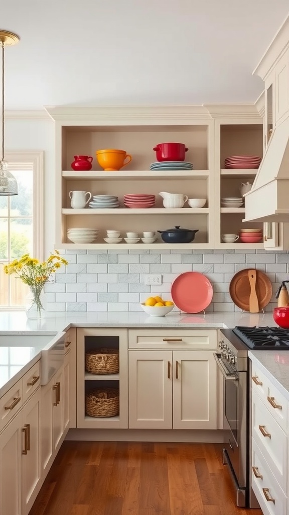 Kitchen peninsula with open shelving displaying colorful cookware and dinnerware, featuring light cabinets and natural wood flooring.
