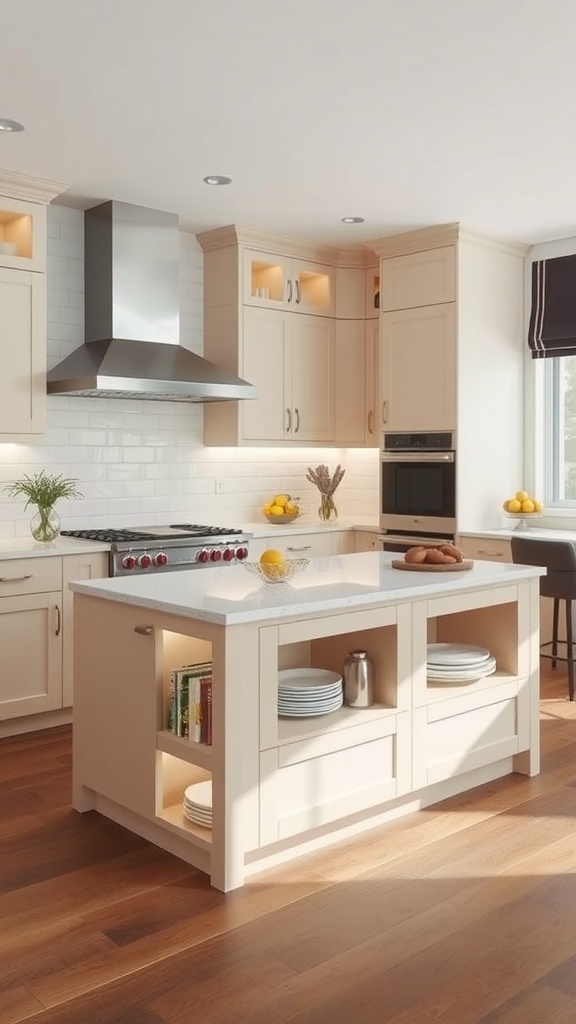 Stylish kitchen peninsula with recessed storage and open shelving