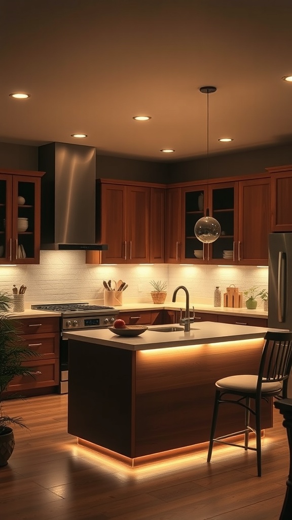 Kitchen peninsula with under-counter lighting in a cozy kitchen setting