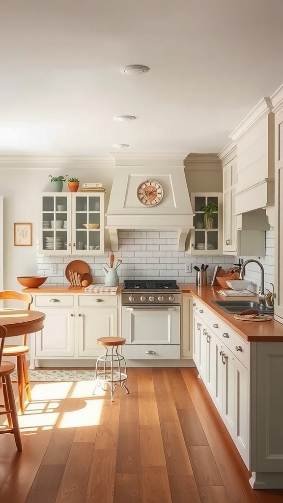 A vintage-style kitchen with a peninsula, showcasing warm wood tones and inviting decor.