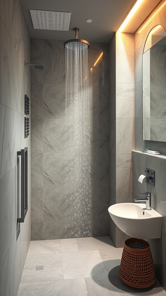 A modern bathroom featuring a rain shower system, sleek tiles, and warm lighting.