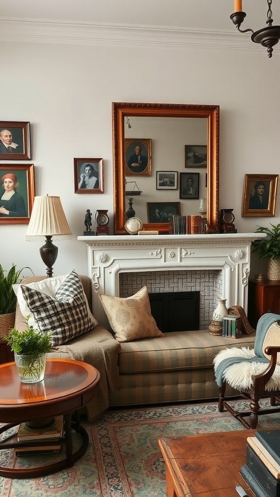 A cozy country farmhouse living room with framed portraits, a white fireplace, comfortable seating, and plants.