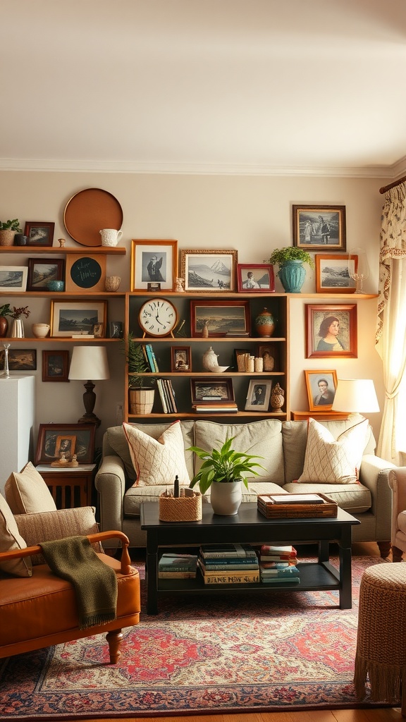Cozy living room with family heirlooms and vintage photos on display