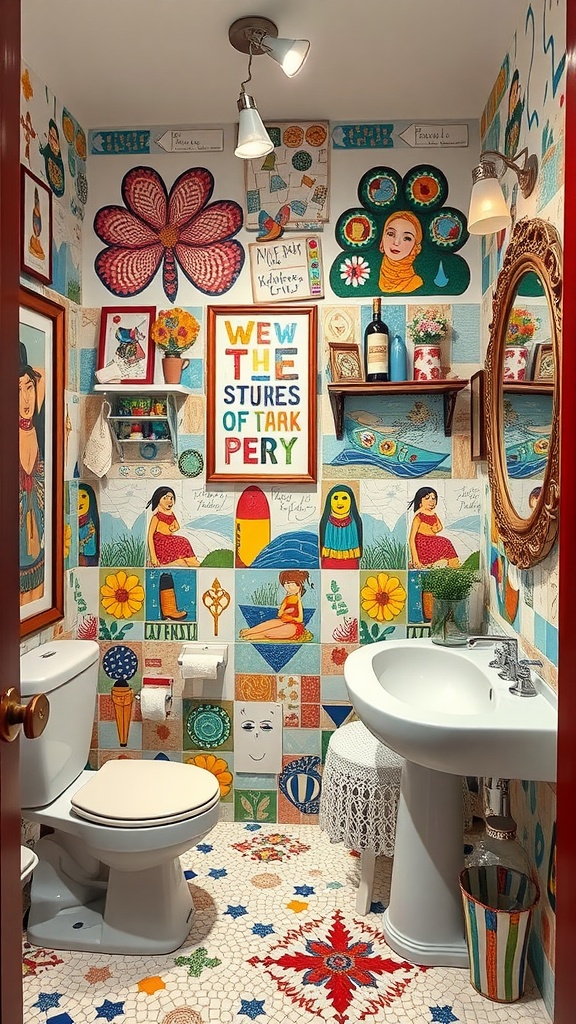 A colorful and artistic small bathroom with vibrant murals and decorative tiles.