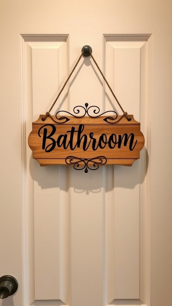 Wooden sign that says 'Bathroom' hanging on a door