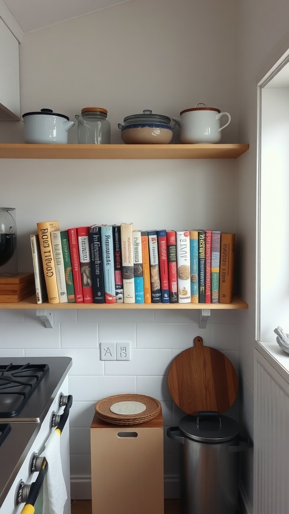 A cozy kitchen shelf displaying colorful cookbooks along with some jars and kitchen items.