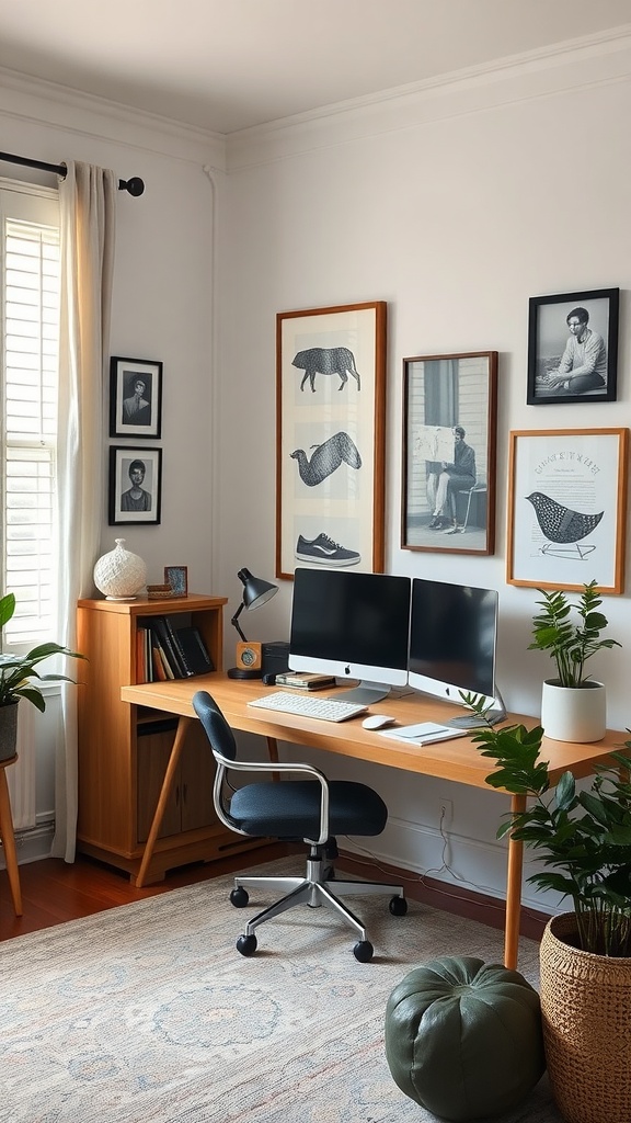 Cozy home office with framed art, plants, and a wooden desk