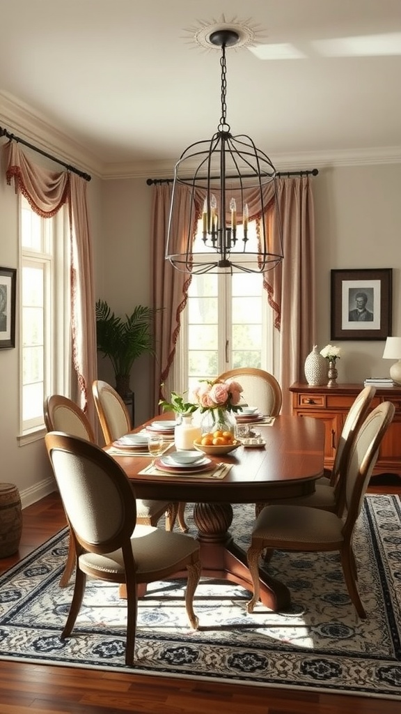 A luxurious Italian dining room featuring a wooden table, elegant chairs, and a stylish light fixture.