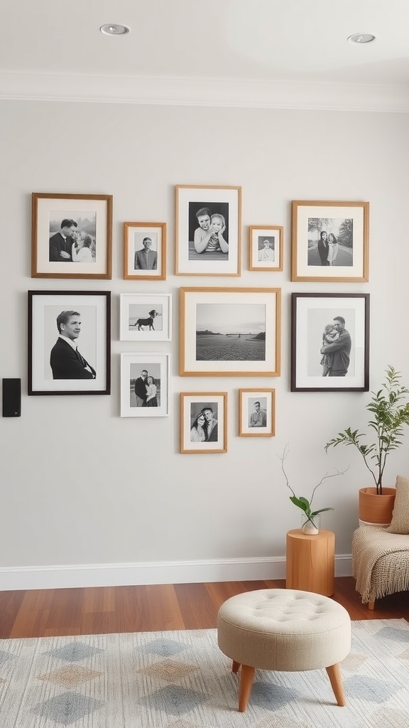 A gallery wall featuring framed black-and-white family photos in a living room with a cozy decor.