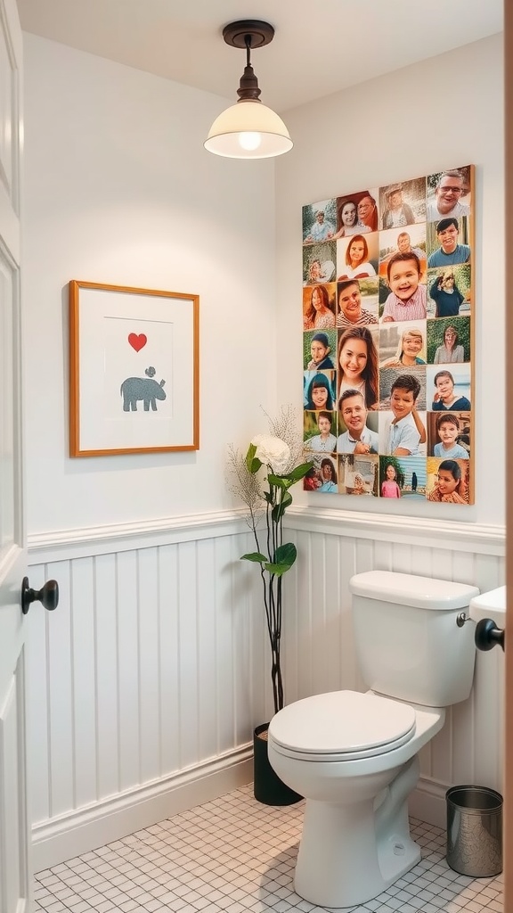 A bathroom with a personalized family photo collage on the wall, featuring various family pictures and a simple framed art piece.