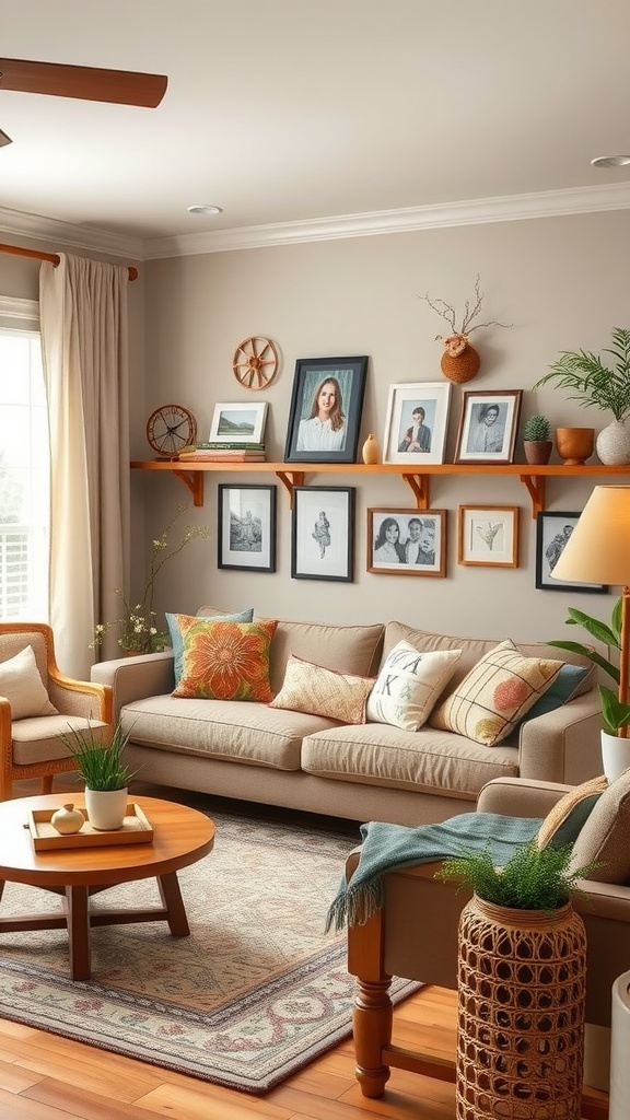 A cozy farmhouse living room with family photos on the wall, soft furnishings, and plants.