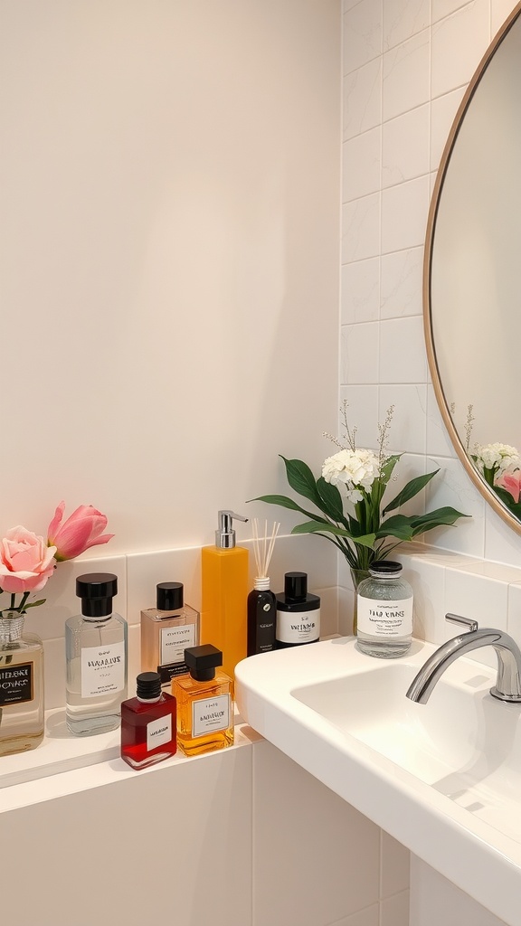 A stylish bathroom display featuring various perfume bottles and floral arrangements.