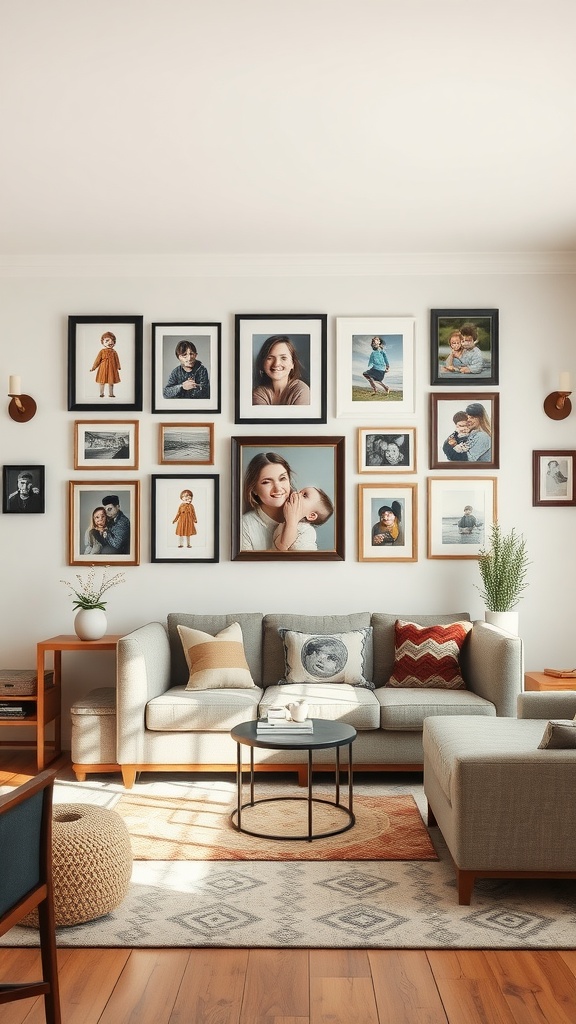 A cozy living room featuring a gallery wall with various framed family photos.