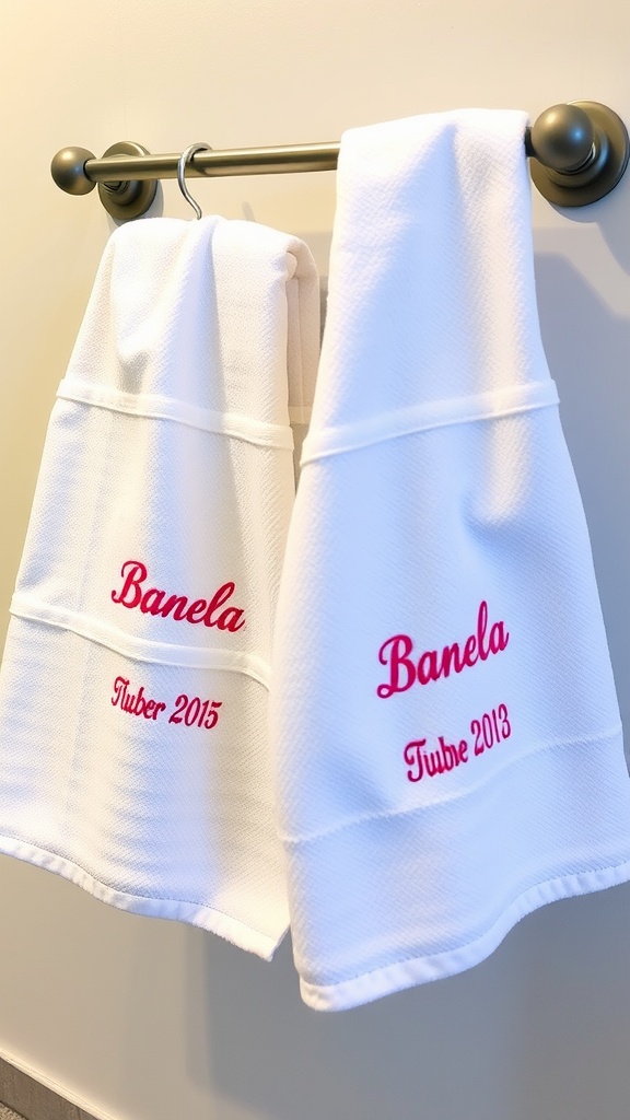 Two personalized white hand towels with the name Banel and dates on a towel rack.