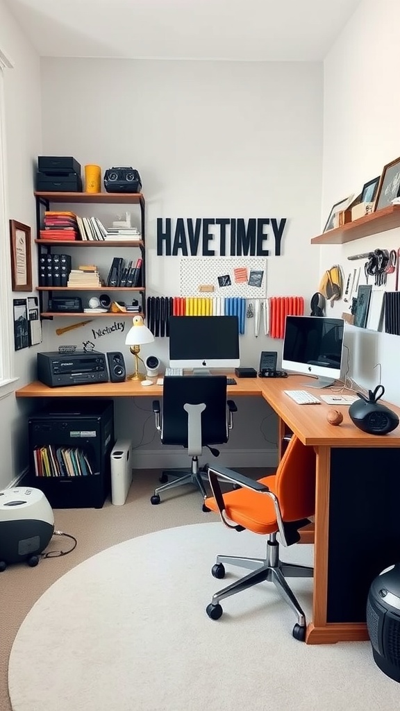 A personalized hobby office with modern computers, colorful shelves, and an inviting atmosphere.