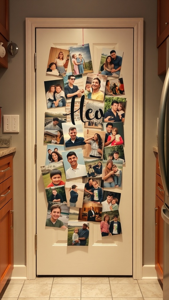 A pantry door decorated with a photo collage featuring multiple images of friends and family, with the word 'Flea' prominently displayed.