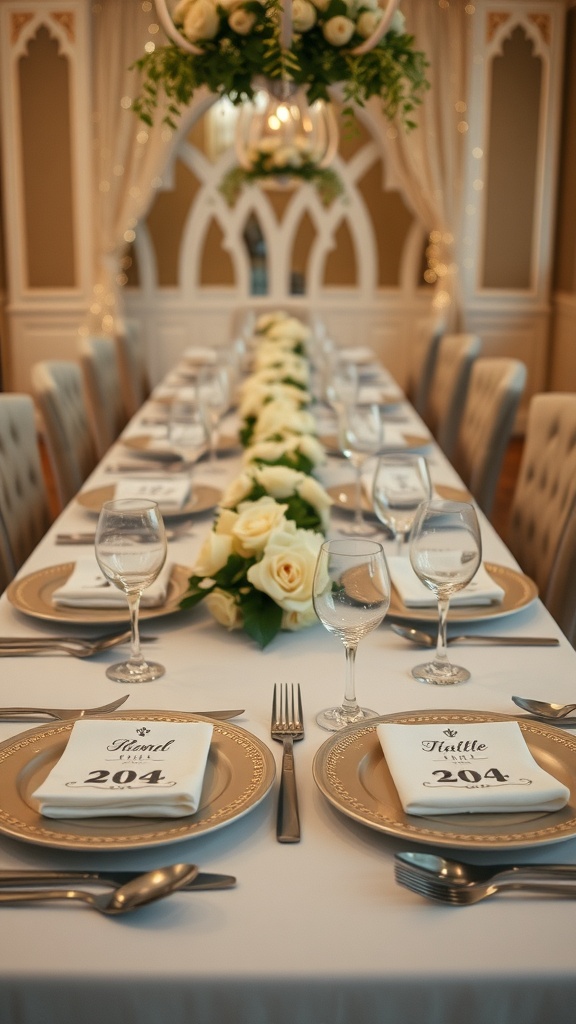 A beautifully arranged dining table with personalized place settings featuring elegant plates, glasses, and fresh roses.