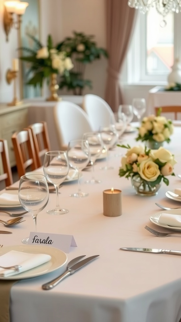 A beautifully arranged dining table with personalized place settings, featuring elegant tableware and fresh flowers.