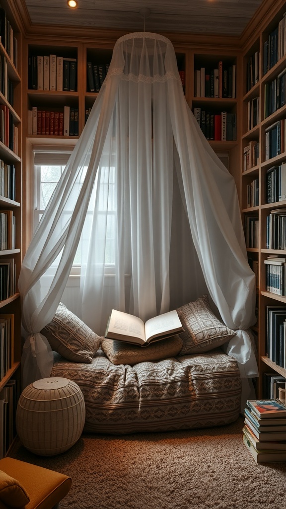 A cozy reading nook with cushions, an open book, and bookshelves in the background