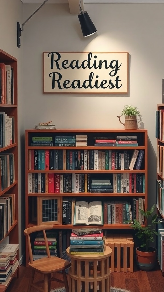 A cozy home library nook featuring a sign that says 'Reading Readiest' with bookshelves filled with various titles and a small wooden chair and table.