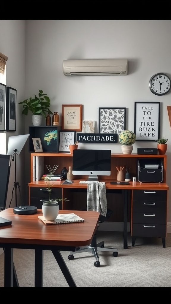 A modern masculine home office with warm wooden furniture, framed artwork, a globe, and a potted plant.