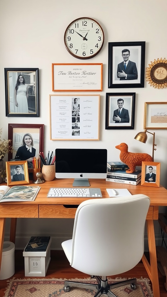 A small home office featuring a desk with a computer, framed pictures on the wall, and decorative items.