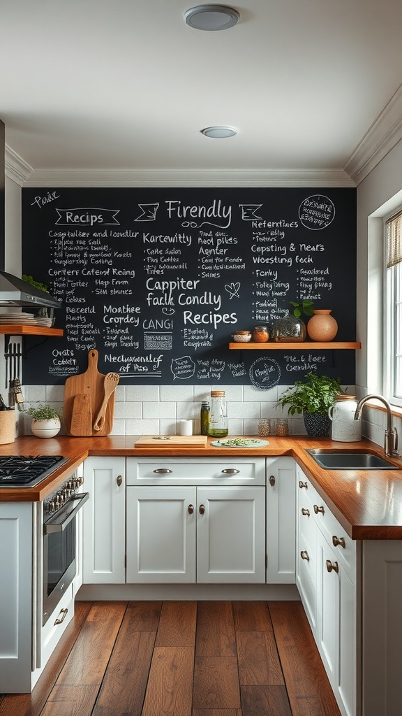 A U-shaped kitchen featuring a chalkboard wall filled with handwritten family recipes, white cabinets, and wooden countertops.
