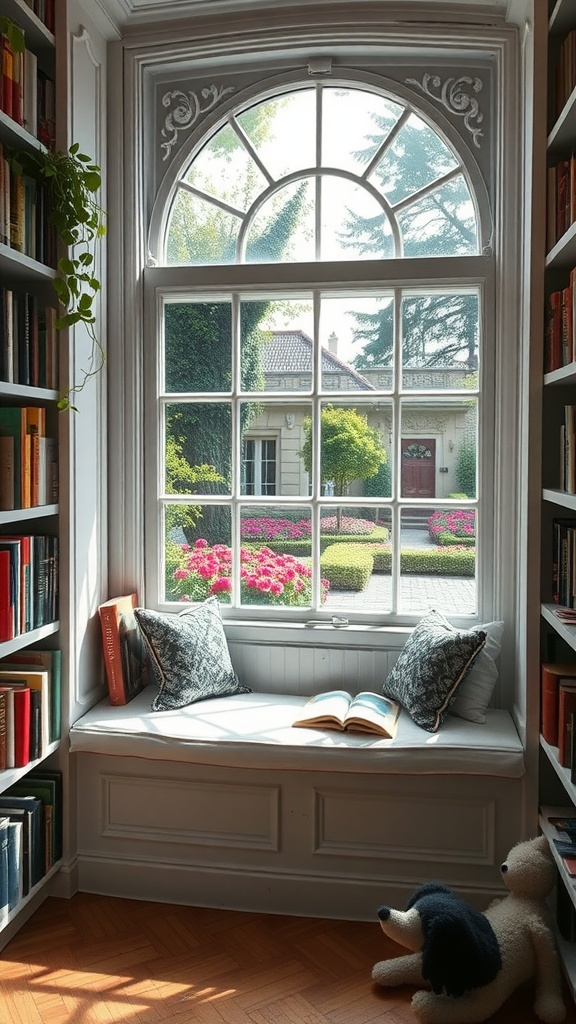 Cozy window seat with cushions and a view of a vibrant garden outside