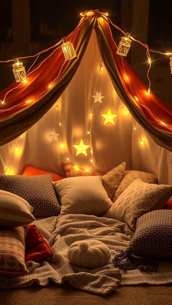 Cozy pillow fort decorated with fairy lights and cushions