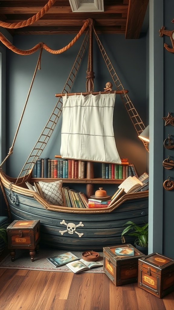 A pirate ship themed reading nook with bookshelves, a sail, and decorative treasure chests.