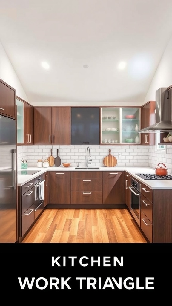 A modern U-shaped kitchen featuring dark wood cabinets, a sink, stove, and spacious countertops, emphasizing the kitchen work triangle for efficient workflow.