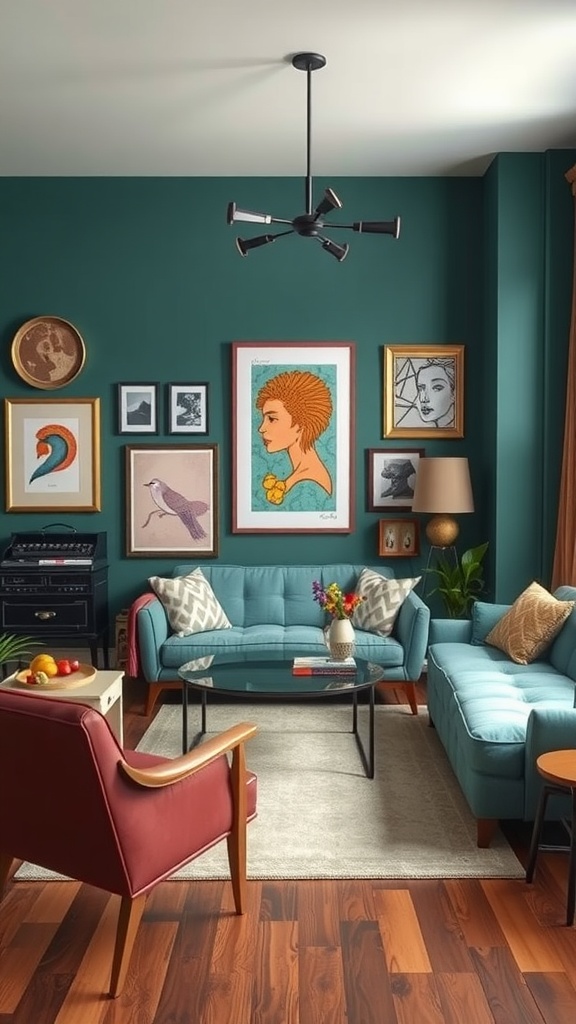 A playful, eclectic living room featuring teal walls, blue sofas, and vintage artwork