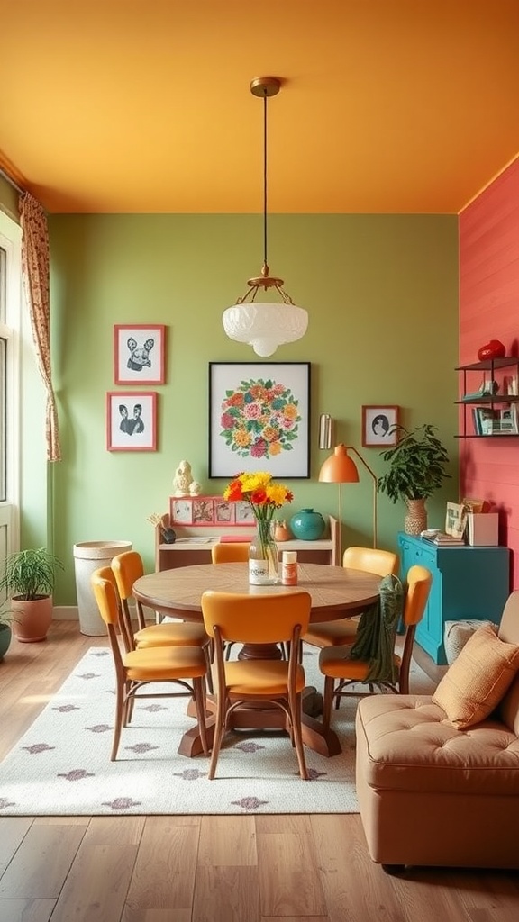 Cozy living room dining room combo with playful colors