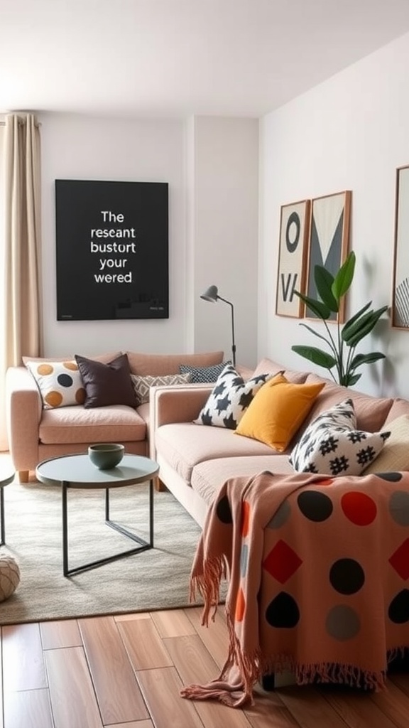 A modern farmhouse living room with a pink sofa, patterned cushions, and a round coffee table.