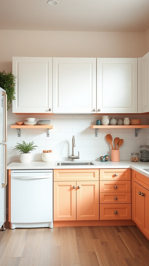 Kitchen with peach lower cabinets and white upper cabinets, featuring open shelving and light wood flooring.