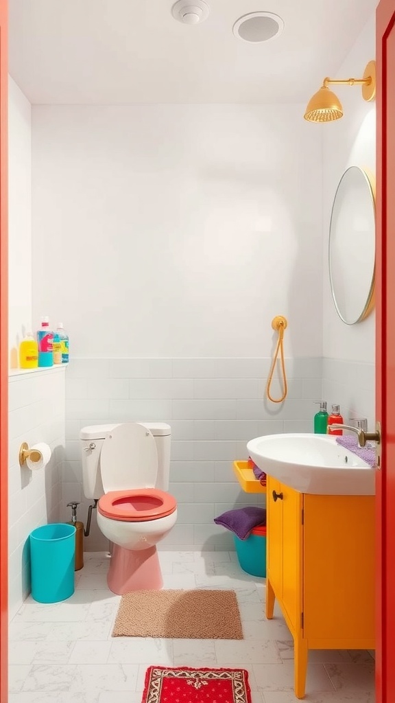 A colorful bathroom featuring a yellow cabinet, pink toilet seat, and various bright accessories.