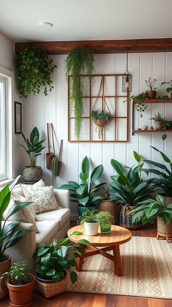 A rustic farmhouse living room featuring abundant greenery with plants in pots and hanging planters, complemented by a cozy sofa and wooden coffee table.