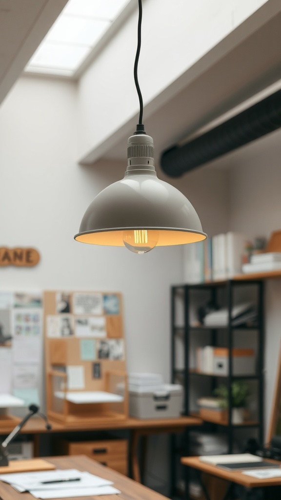 A stylish plug-in pendant light hanging in a modern workspace, illuminating the area.