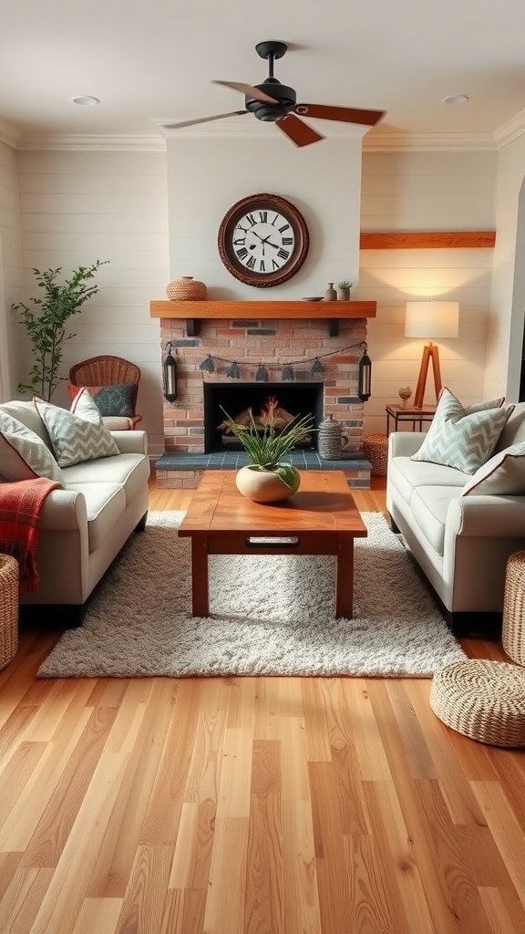 A cozy farmhouse living room with plush area rug, comfortable seating, and wooden accents