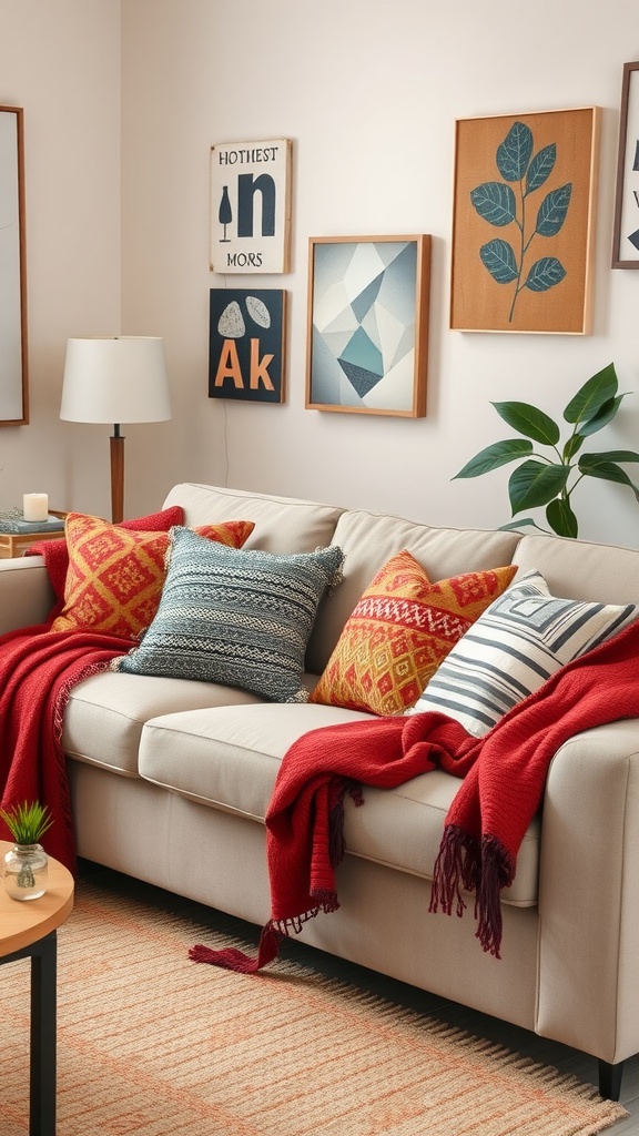 A cozy farmhouse living room with a neutral sofa, colorful throw pillows, and a rich red blanket.